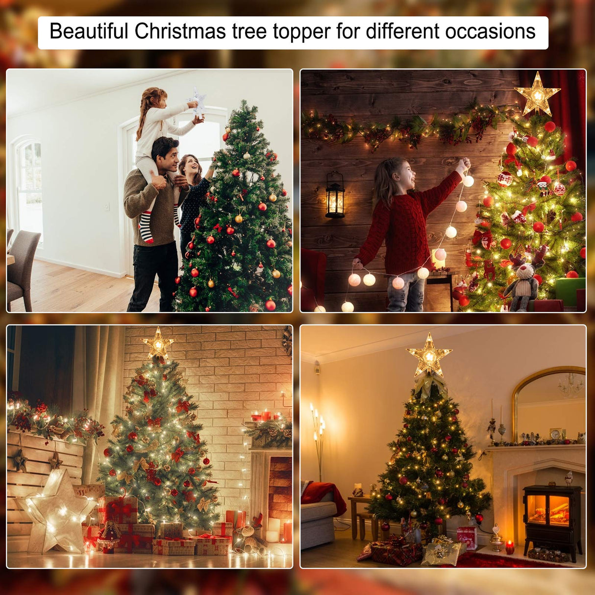 Christmas Tree Topper Lighted Star with Built-in 10 Replaceable Bulbs, 9.5” Clear Five-Pointed Star Tree Topper Plug in for Indoor Office Xmas New Year Holiday Tree Decoration, Warm White Brightown