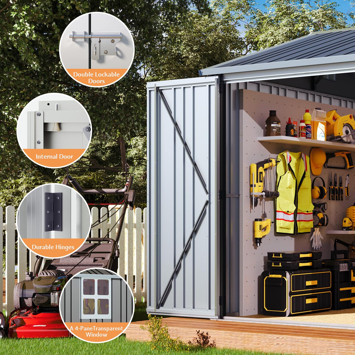 Jocisland 10x8.6x7.5 FT Sheds & Outdoor Storage, Lockable Double Hinged Doors and 4 Vents, Metal Large Shed, Backyard Storage for Bikes and Garden Tools Dark Black/White Jocisland