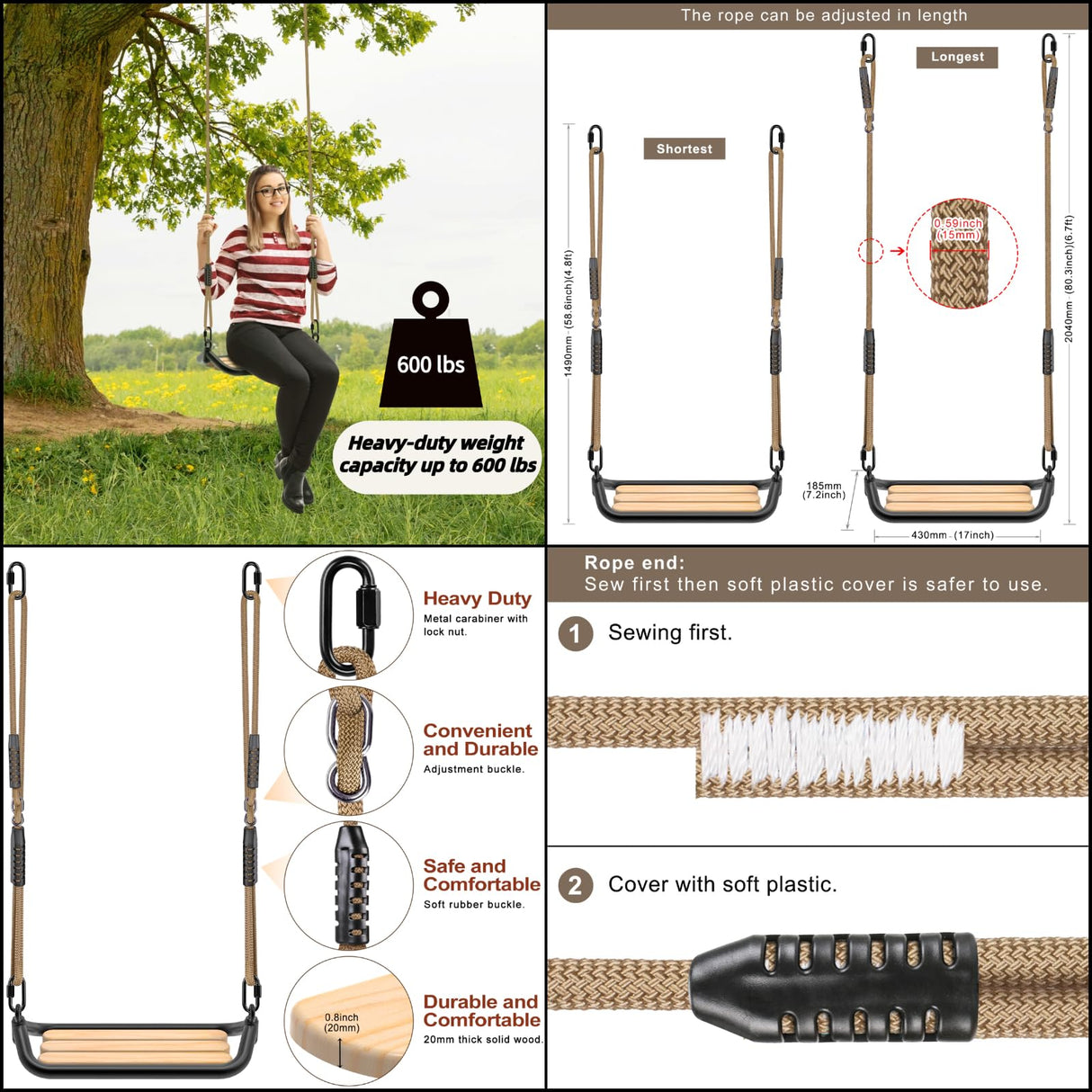 SELEWARE Hanging Wood Swing Seat Tree Swing for Kids, 100% Polyester Weather Proof Rope Heavy Duty Steel Tubing Structure Backyard Swing Set Replacement SELEWARE