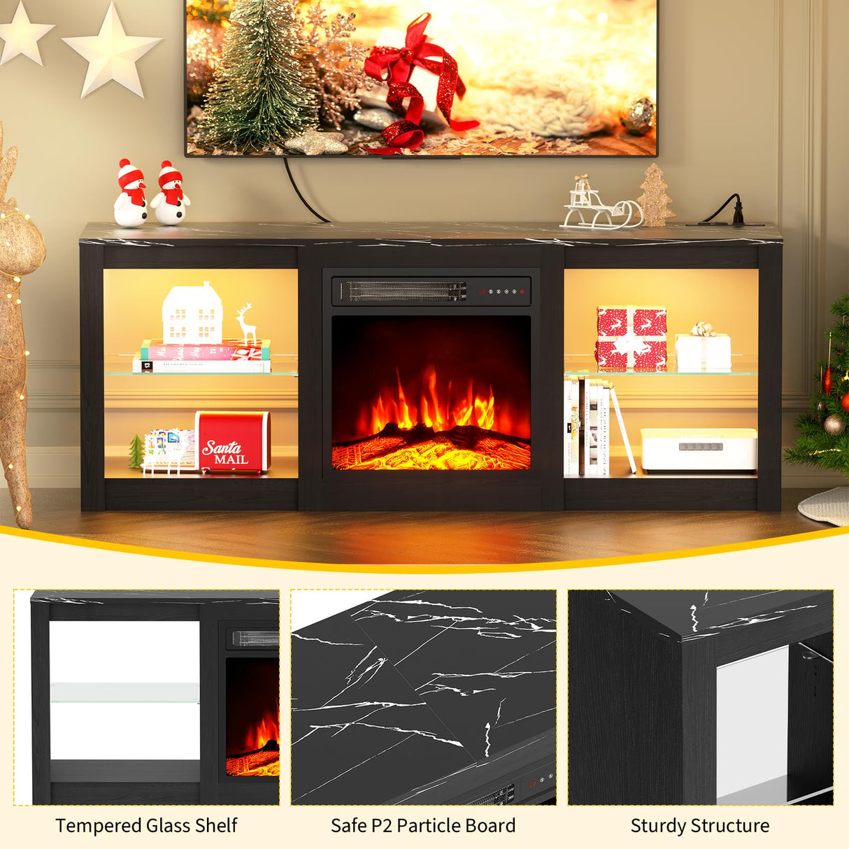 BREEZEHEAT 58inch Electric Fireplace TV Stand for 65'' TV-Entertainment Center with 18'' Fireplace and Led Light-TV Console with Glass Shelves, Power Outlets, Remote Control (Black Marble) BREEZEHEAT