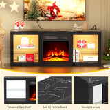 BREEZEHEAT 58inch Electric Fireplace TV Stand for 65'' TV-Entertainment Center with 18'' Fireplace and Led Light-TV Console with Glass Shelves, Power Outlets, Remote Control (Black Marble) BREEZEHEAT