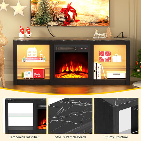 BREEZEHEAT 58inch Electric Fireplace TV Stand for 65'' TV-Entertainment Center with 18'' Fireplace and Led Light-TV Console with Glass Shelves, Power Outlets, Remote Control (Black Marble) BREEZEHEAT