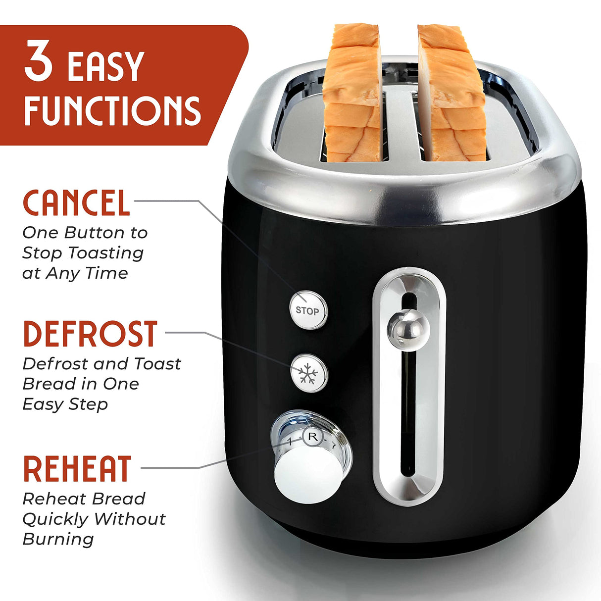 Mueller Retro Toaster 2 Slice with 7 Browning Levels and 3 Functions: Reheat, Defrost & Cancel, Stainless Steel Features, Removable Crumb Tray, Under Base Cord Storage, Black MÜELLERHOME