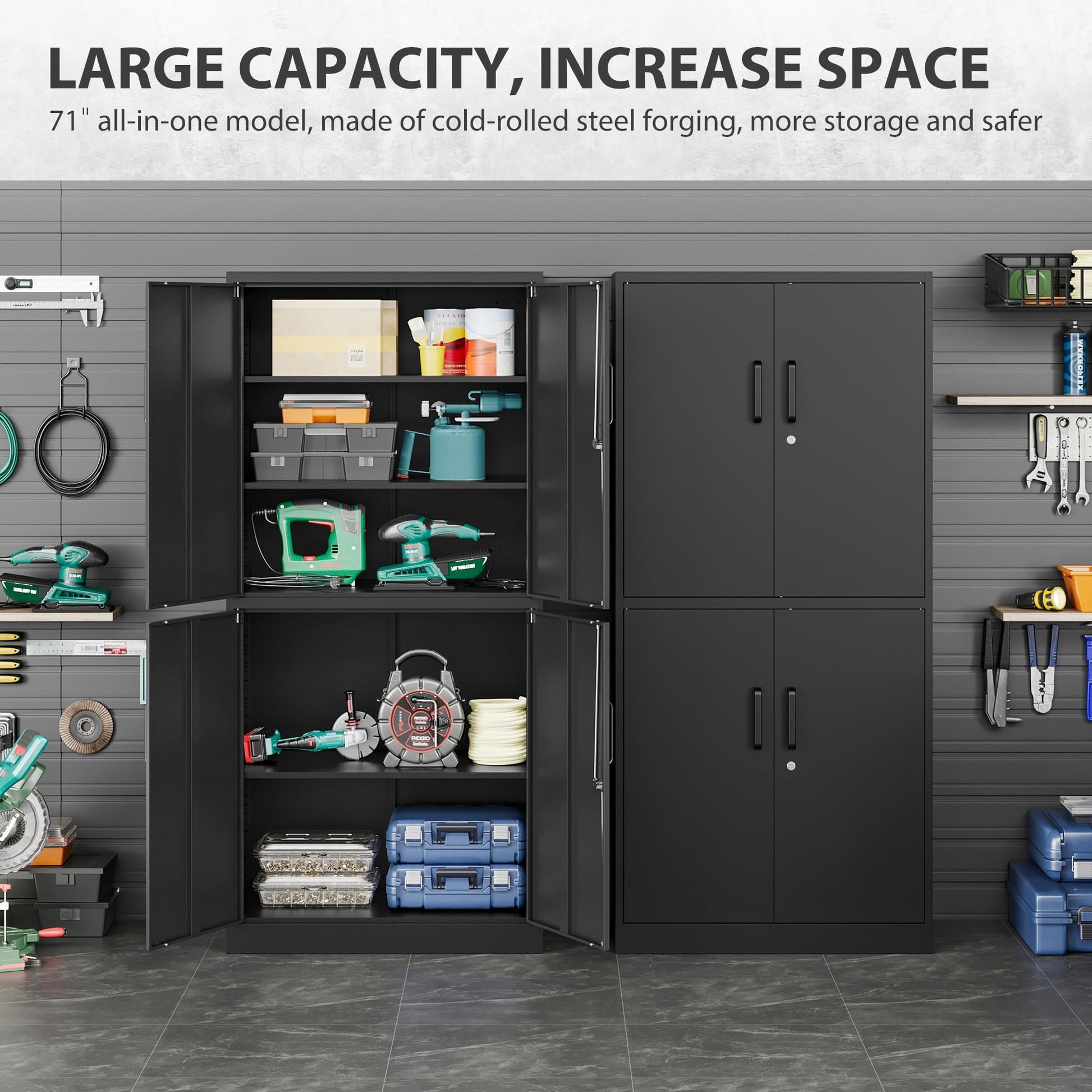 Metal Storage Cabinet with 3 Adjustable Shelves,Garage Storage Cabinet with Lock,Black Metal Cabinet with Locking Doors,Steel Cabinet 4 Doors,71" Lockable Storage Cabinet for Garage,Home,Offi - WoodArtSupply