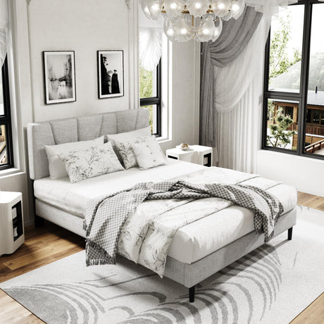 Queen Size Platform Bed Frame with Upholstered Headboard, Wooden Slats Support, Noise Free, No Box Spring Needed, Easy Assembly, Light Grey, Linen Sismplly