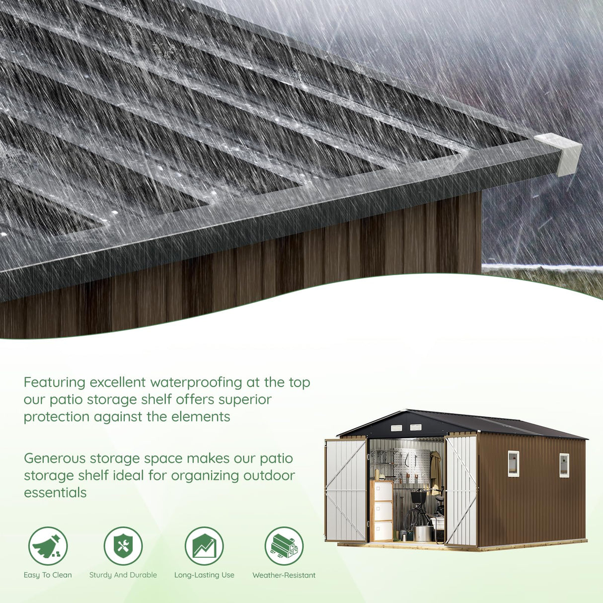 10X12X7.5 FT Outdoor Steel Storage Shed with Lockable Doors, 2 Windows, Transparent Roof Panels, Metal Frame Floor (Wood Panels Not Included), Ideal for Backyard, Patio Storage,Chicken Coop，Brown Mistmo