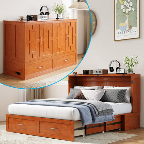 ADOWORE Queen Murphy Bed, Murphy Cabinet Bed with Built-in USB Charging Station & Large Storage Drawers, Horizontal Murphy Bed Wood Murphy Chest Bed for Bedroom, Maroon ADOWORE