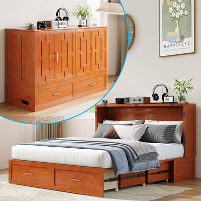 ADOWORE Queen Murphy Bed, Murphy Cabinet Bed with Built-in USB Charging Station & Large Storage Drawers, Horizontal Murphy Bed Wood Murphy Chest Bed for Bedroom, Maroon
