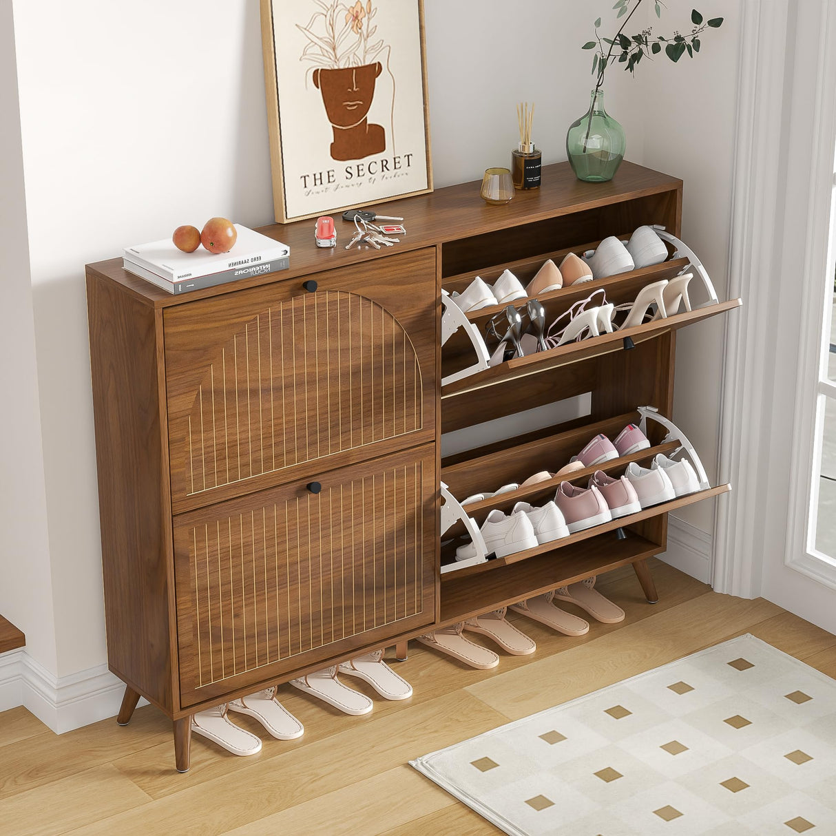 Fsbecl Shoe Storage Cabinet for Entryway with 4 Flip Drawers, Narrow Shoe Organizer with Fluted Panel, Freestanding Wood Hidden Shoe Cabinet for Foyer, Hallway (Walnut, 4 Flip Drawers) Fsbecl