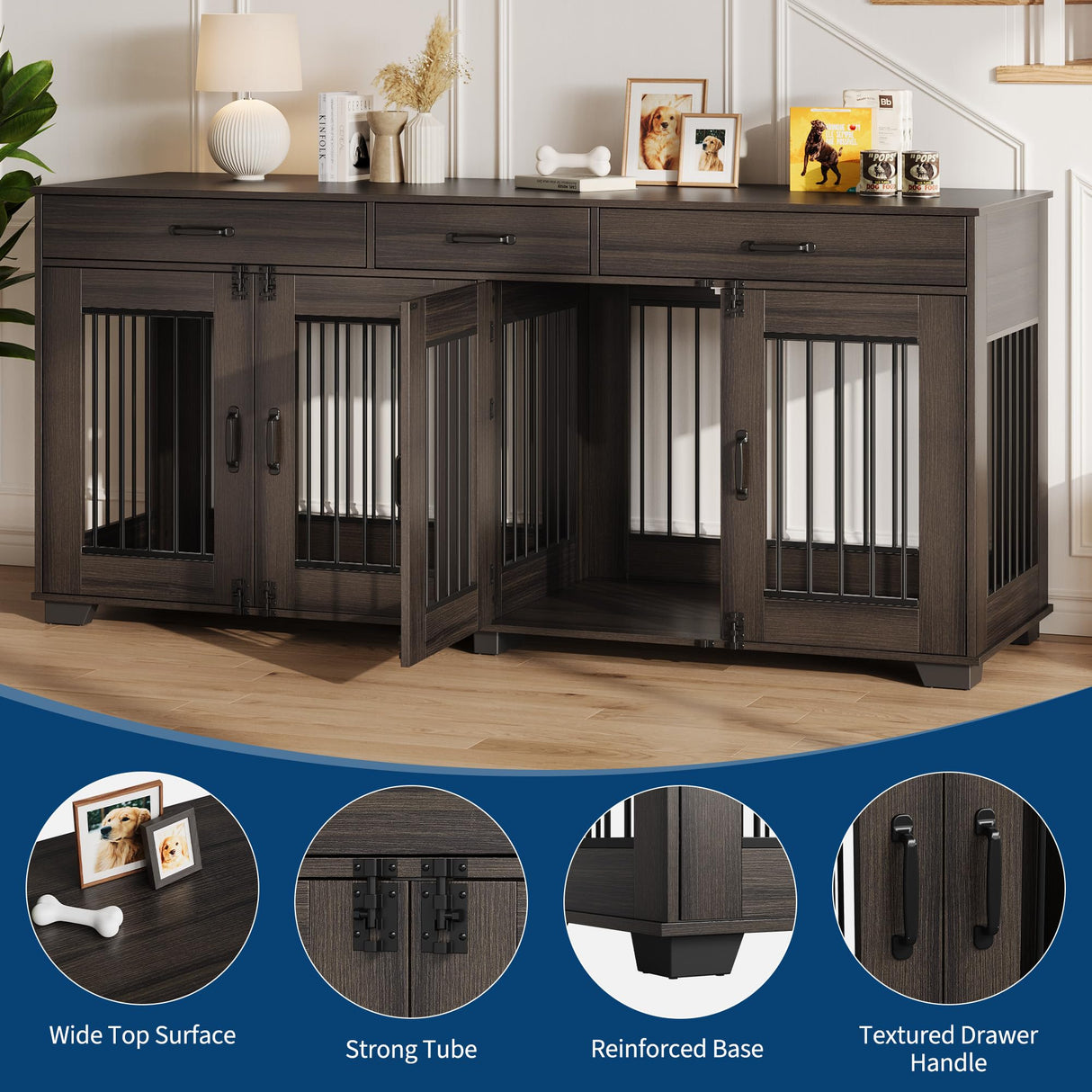 71'' Large Dog Crate for 2 Dogs, Dog Crate Furniture with 3 Drawers, Dog Kennel Furniture, Heavy Duty Dog Cage and TV Stand, Perfect for Medium Large Dogs, Walnut GarveeLife