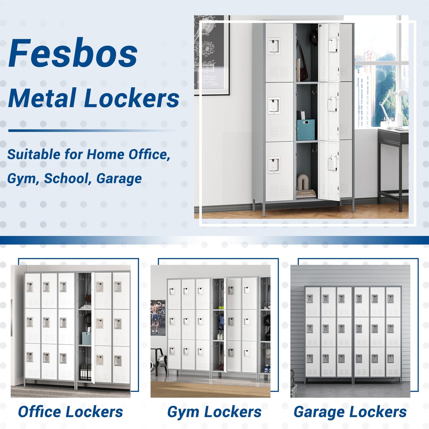 Fesbos 72" Metal Locker for Employees 9 Doors Gray & White Steel Storage Locker for Office, School, Gym - Metal Storage Cabinets for Home, Office, Gym, School - WoodArtSupply