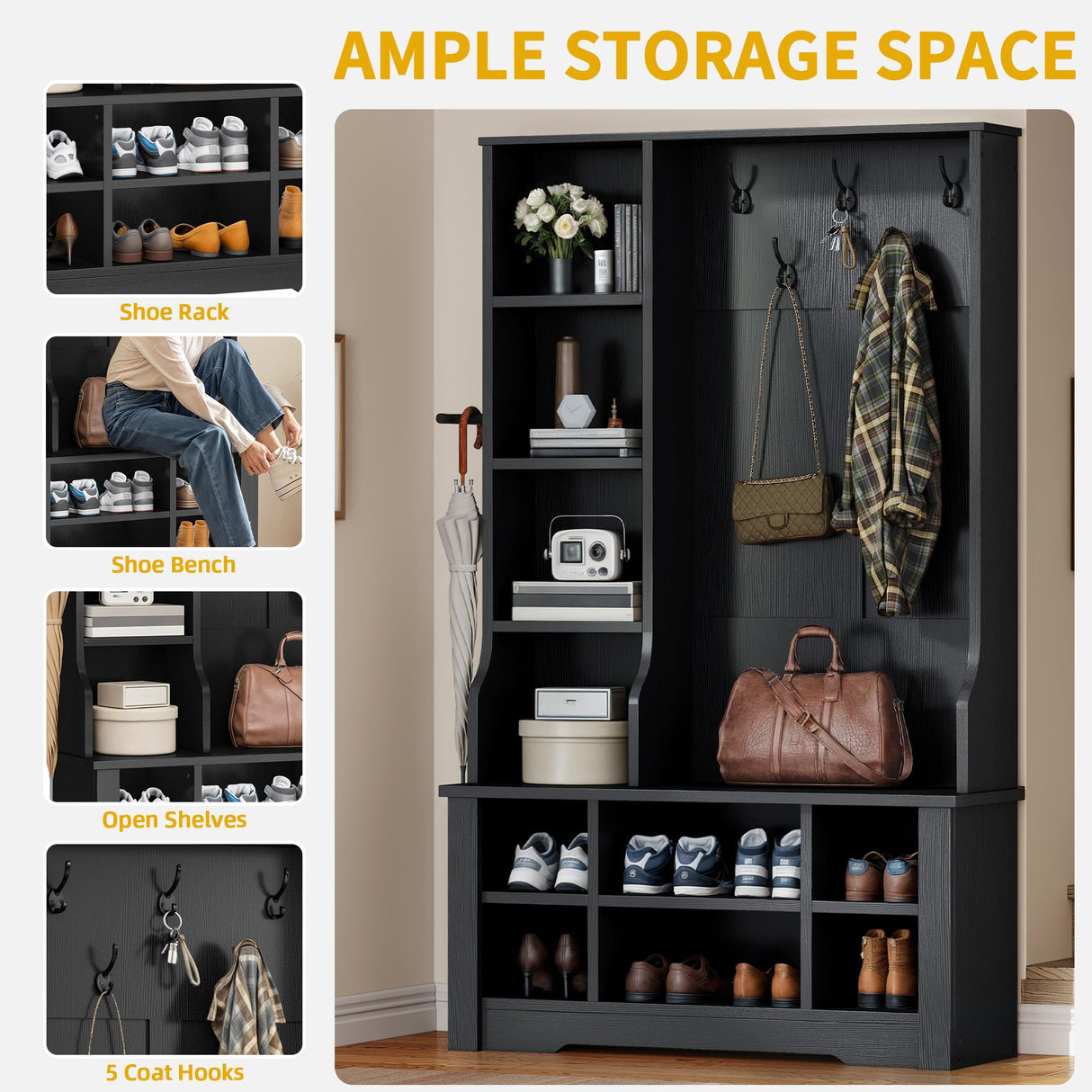 DWVO 39" Hall Tree with Bench and Shoe Storage, 6 Shoe Cubbies & 5 Coat Hooks, 4 Side Storage Cubbies, Entryway Bench with Coat Rack for Entryway Hallway Bedchamber Narrow, Adjustable Shelf (Black) DWVO