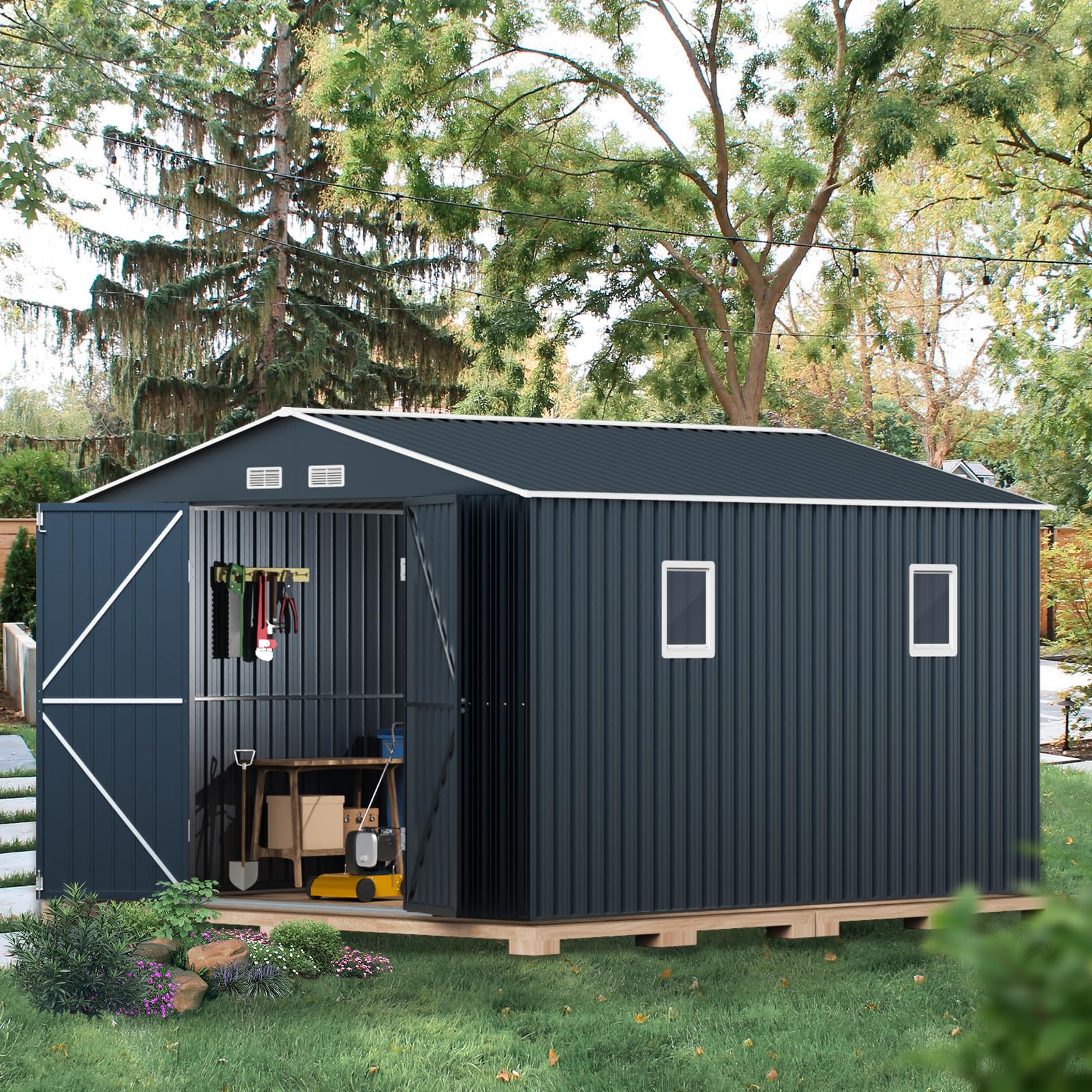 MistMo 10X12X7.5 FT Outdoor Steel Storage Shed with Lockable Doors, 2 Windows, Transparent Roof Panels (Wood Panels & Frame Floor Not Included), Ideal for Garden, Backyard, Patio Storage - WoodArtSupply