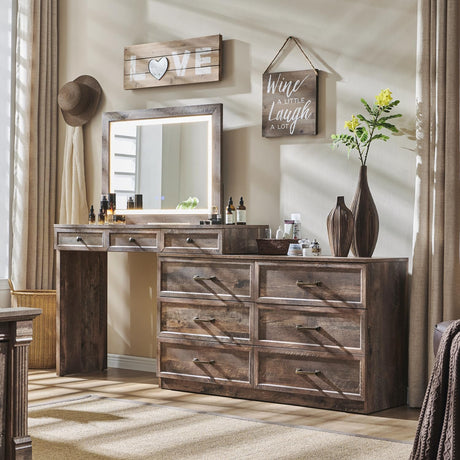 Aitjunz 69" W Big Vanity Desk with Glass Top, Farmhouse Corner Makeup Table with 9 Large Storage Drawers, Rustic Wood Bedroom Dressing Table w/3 Color Available Light & 30" HD Led Mirror, Light Brown Aitjunz