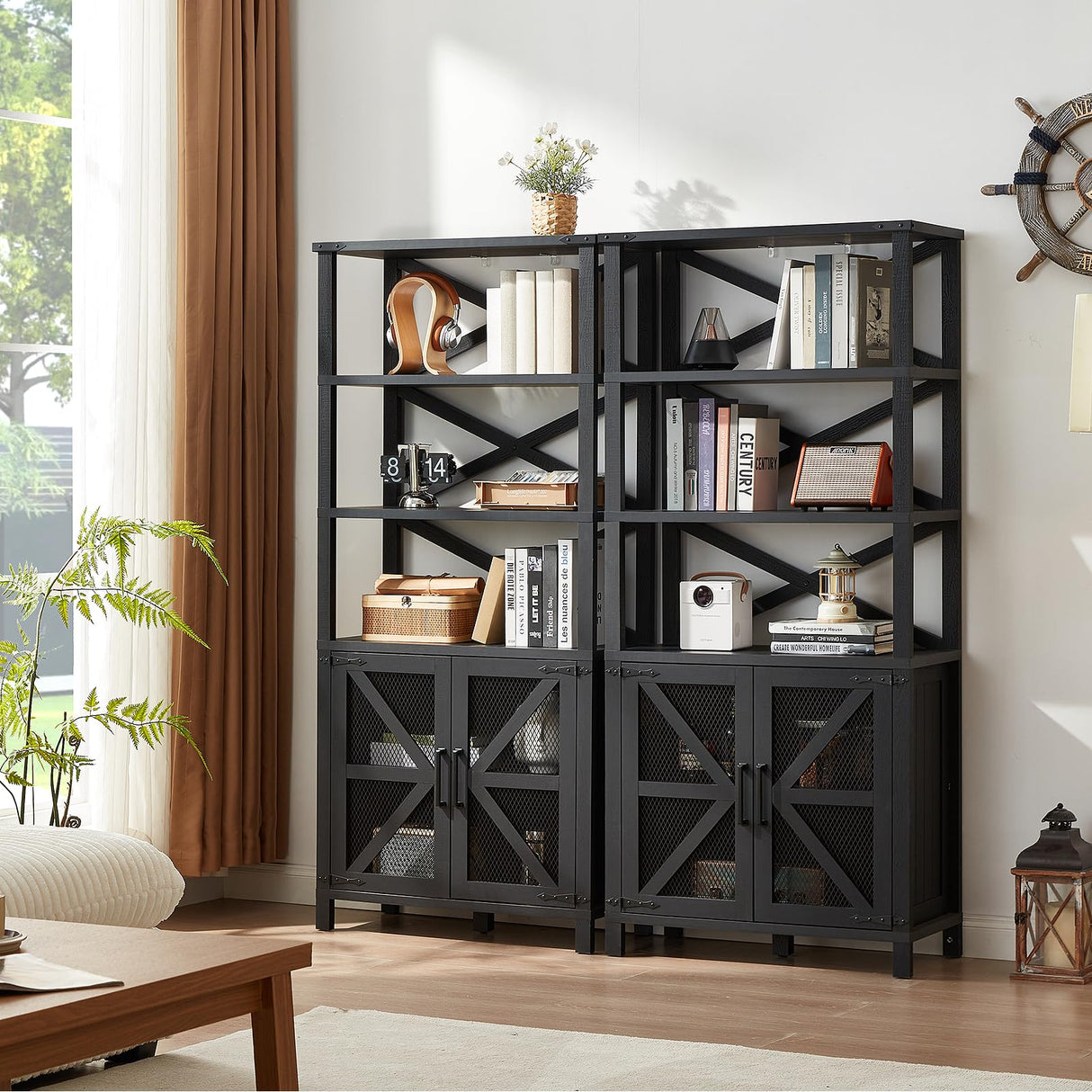 Joaxswe 5 Tier Bookshelf 70" Tall Bookcase with Barn Doors,Large Farmhouse Display Book Shelf with Adjustable Shelves and Storage Cabinet， Wood Bookshelves for Living Room,Kitchen,Antique Black(2PCS) Joaxswe