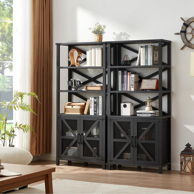 Joaxswe 5 Tier Bookshelf 70" Tall Bookcase with Barn Doors,Large Farmhouse Display Book Shelf with Adjustable Shelves and Storage Cabinet， Wood Bookshelves for Living Room,Kitchen,Antique Black(2PCS)