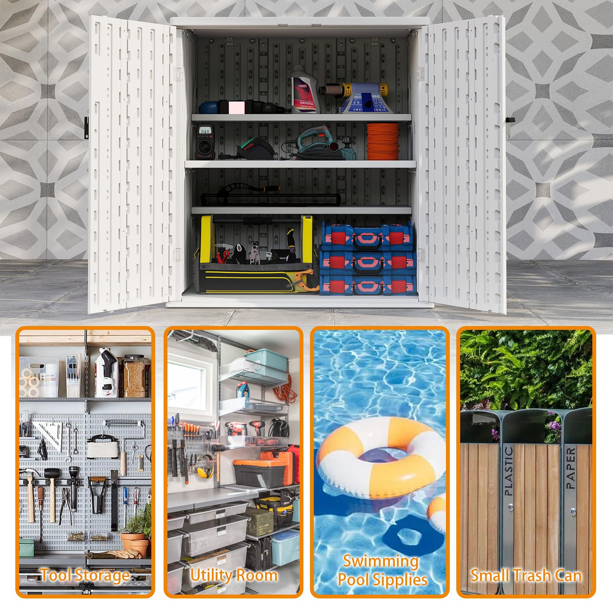 Outdoor Storage Cabinet with 2 Shelves, Waterproof Resin Vertical Tool Shed, Lockable 15 cu. ft. Storage Shed for Patio, Garden, Yard, Dark White ZYJOYY