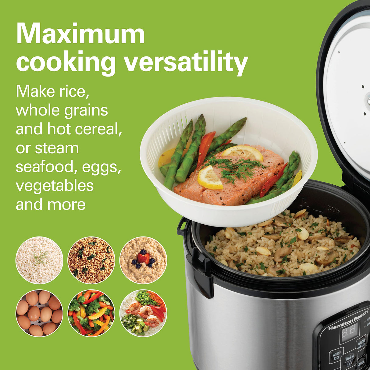 Hamilton Beach Digital Programmable Rice Cooker & Food Steamer, 8 Cups Cooked (4 Uncooked), With Steam & Rinse Basket, Stainless Steel (37518) Hamilton Beach