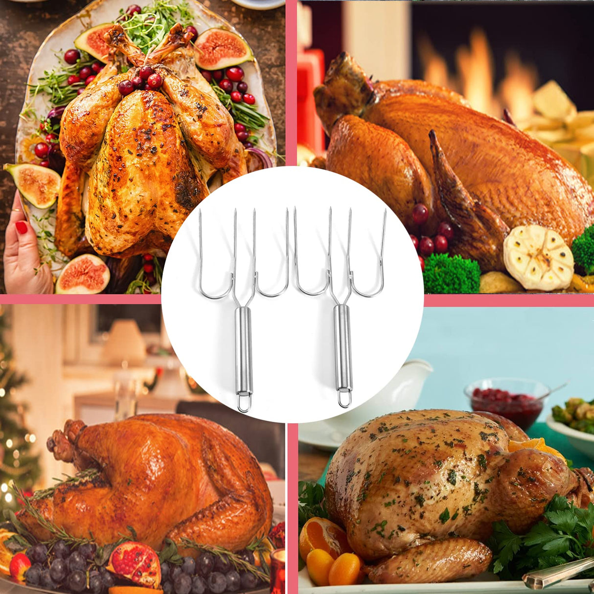 Thanksgiving Turkey & Roast Lifters, Stainless Steel Roaster Forks, Transfer Chicken or Ham Poultry Lifters Easily, Four Needle Meat Fork, Set of 2 TripleLife