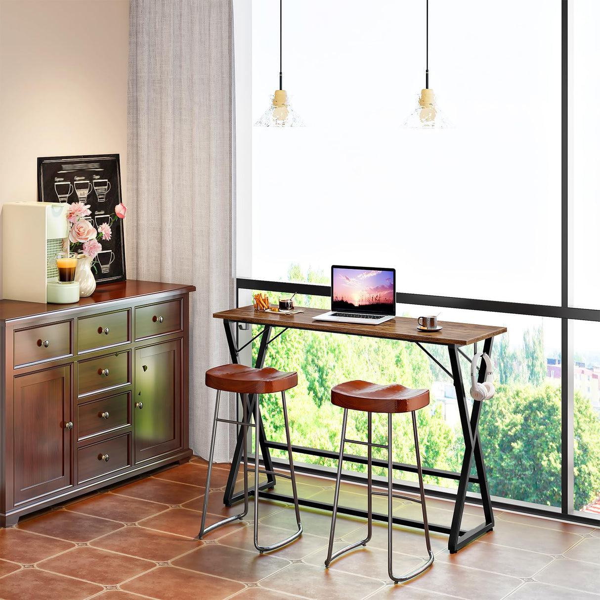 HOOBRO 39.4 Inch Bar Table, Counter Height Rectangular Bar Table, Pub Dining Table, Metal Frame with Footrest and 2 Hooks, for Narrow Space, Bistro and Living Room, Rustic Brown and Black BF67BT01 HOOBRO