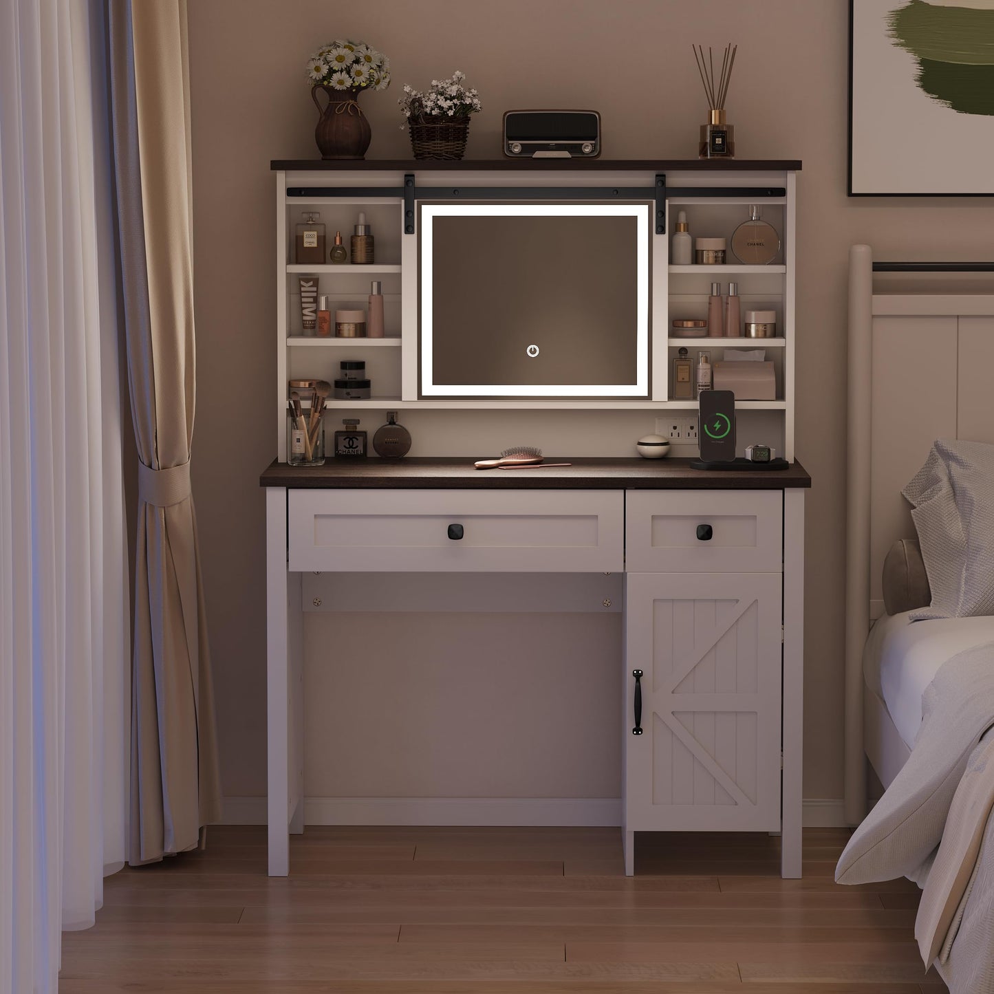 White Makeup Vanity Desk with Power Outlet 42"W Farmhouse Vanity Table with Sliding Mirror and Adjustable 3-Mode Lights Girls Dressing Table with Adjustable Shelves and Side Cabinet for Bedroom