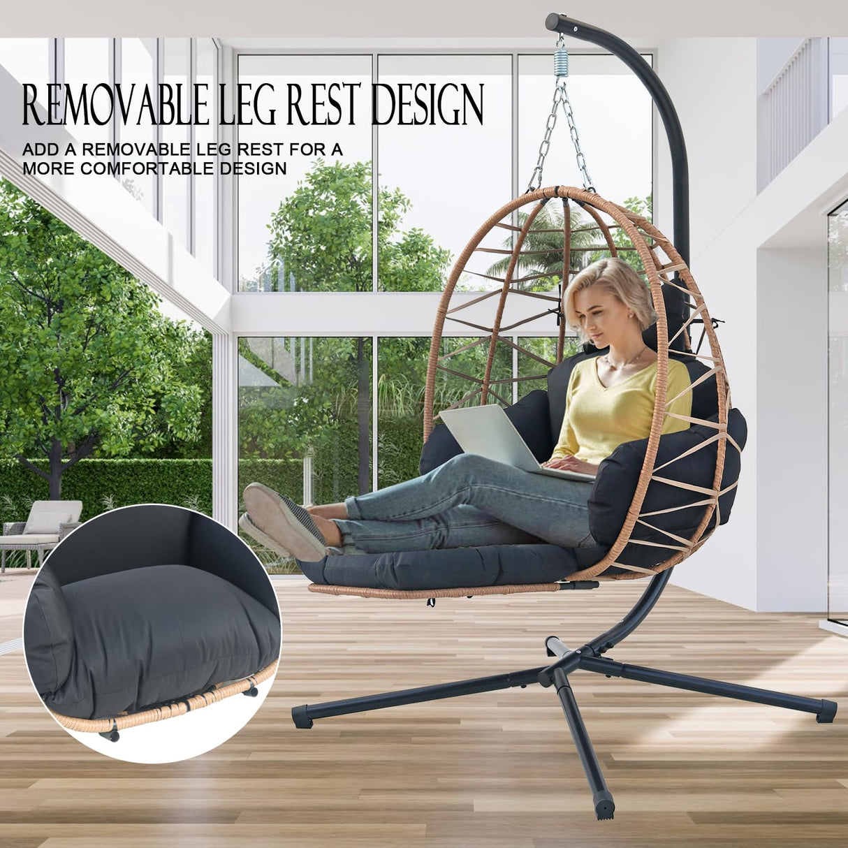 Hanging Egg Chair with Stand & Leg Rest,Rattan Wicker Swing Chair with Cushion, Patio Basket Hanging Chair Wicker Hammock Chair for Indoor Outdoor Bedroom Garden,300LBS (Yellow Rattan&Black Cushion) FKSLIFE
