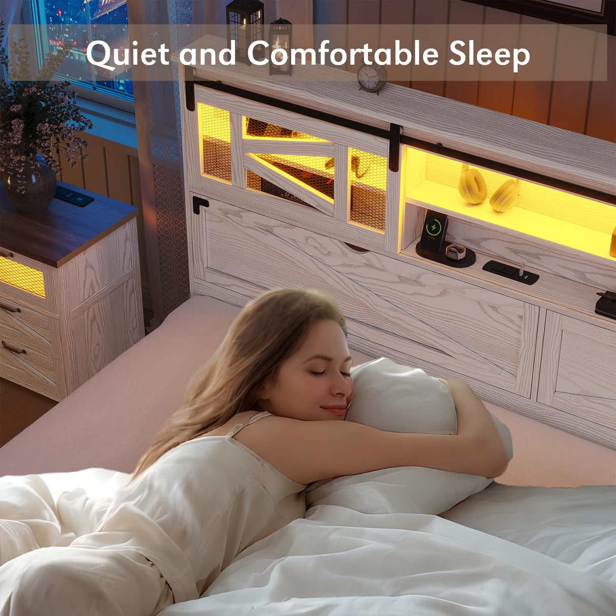 busyaeh Farmhouse Bed Frame Queen Size with Storage Bookcase Headboard, Wooden Queen Bed Frame with Charging Station & Led Light, Rustic Platform Bed Frame with Sliding Barn Door, No Box Spring Needed busyaeh