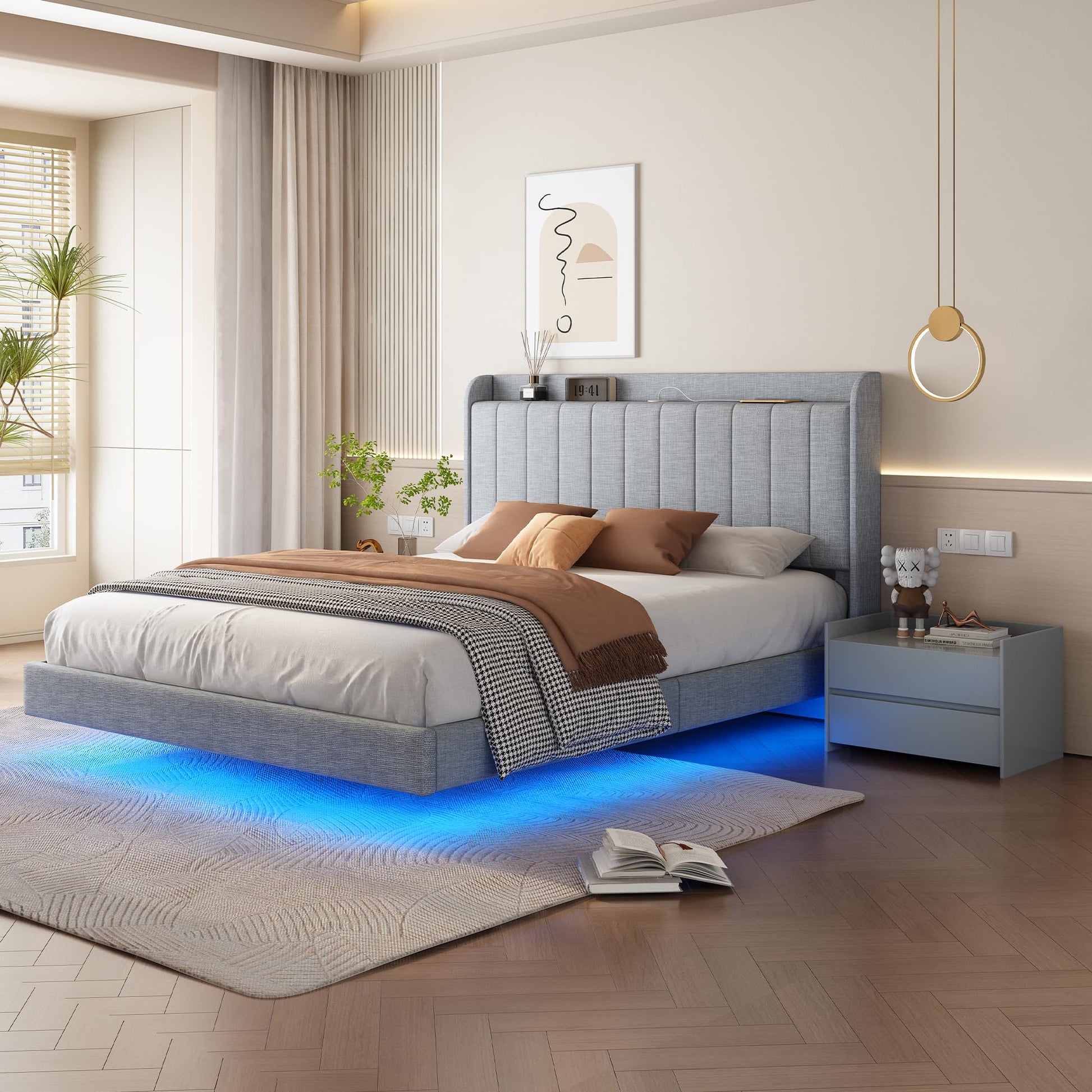 YOPTO Modern Queen Size Floating Bed Frame with APP-Controlled RGB LED Lights, USB Port & Storage Headboard in Light Grey - WoodArtSupply