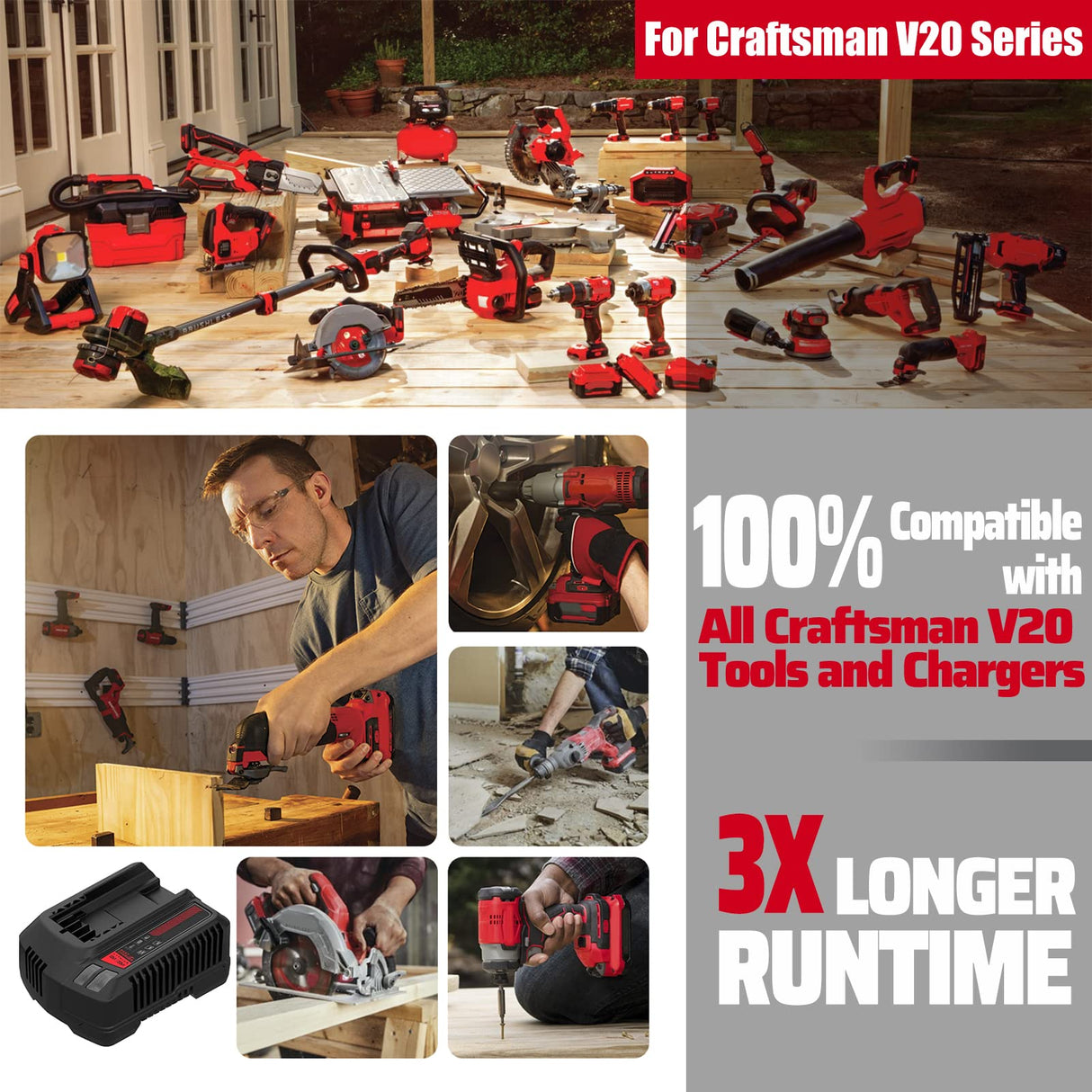 TenHutt 【Upgrade】 20V 6.0Ah Replacement Battery for Craftsman 20V Battery V20 Lithium Ion Battery for CMCB205 CMCB204 CMCB206 CMCB202 CMCB201 20V Cordless Power Tools TenHutt