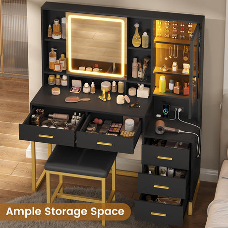BTHFST Makeup Vanity with Upholstered Stool & Charging Station, Vanity Desk with Mirror and Lights & Jewelry Storage, Vanity Table Set with RGB Lights & 5 Drawers & Shelves, Black & Gold BTHFST