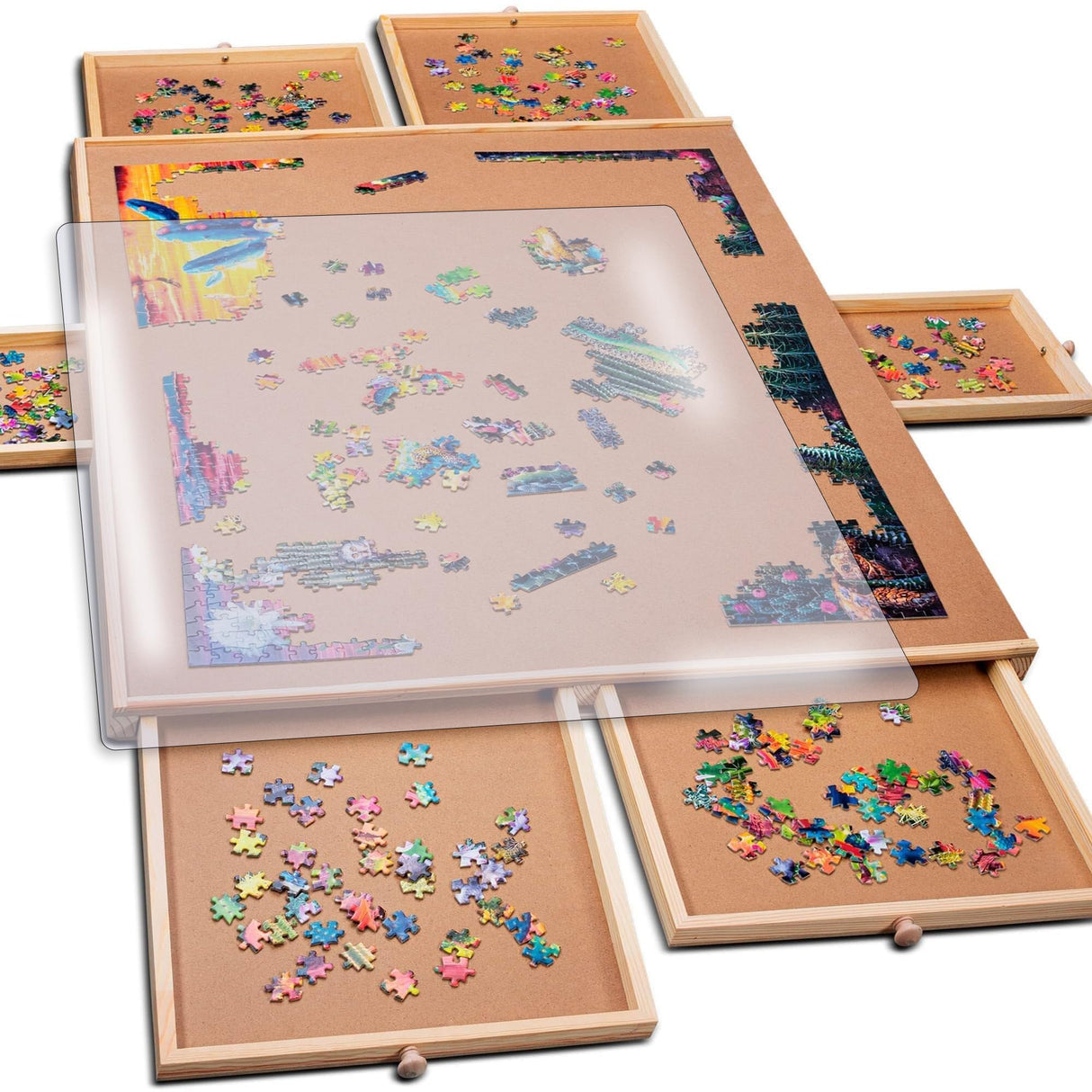 PlayVibe Puzzle Locker 1500 Piece Puzzle Board with Drawers and Cover - Puzzle Solve Station - Sturdy Puzzle Table with 6 Drawers 27" x 35" - Jigsaw Portable Wooden Puzzle Tray, Puzzle Accessories PLAYVIBE