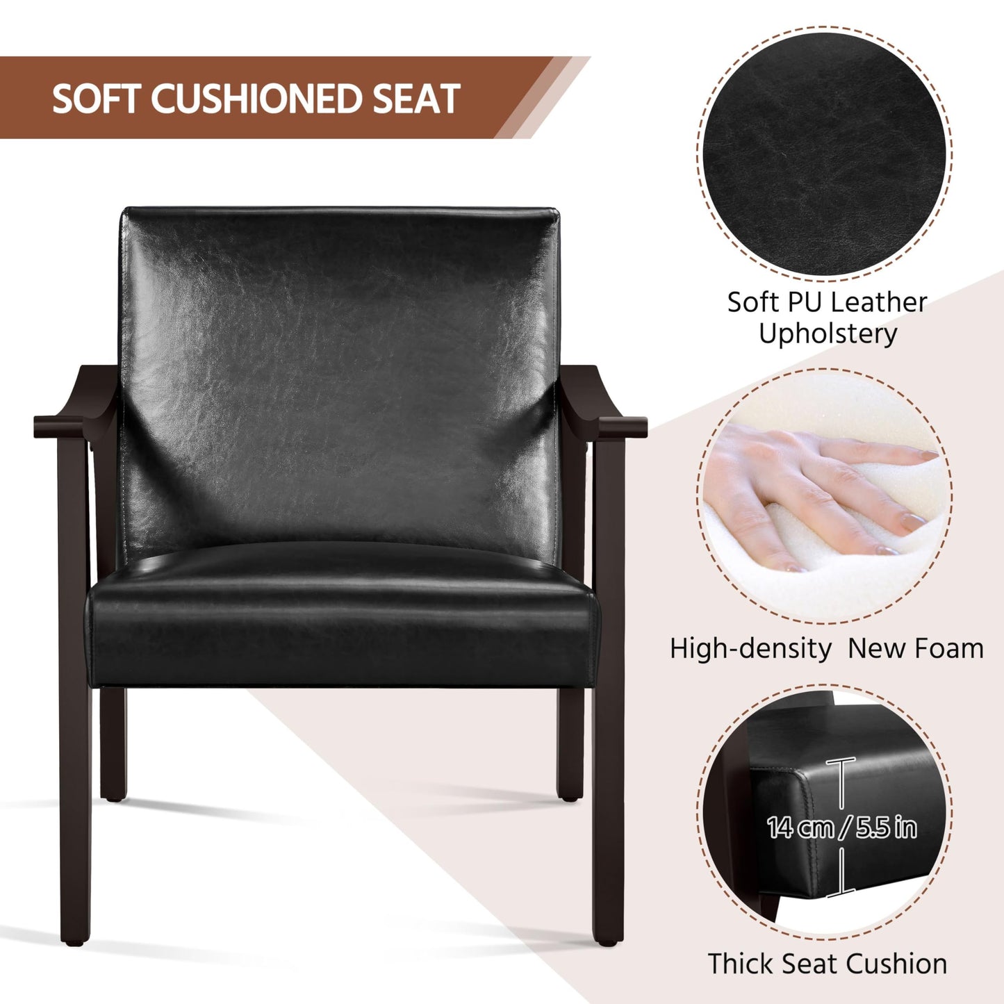 Yaheetech PU Leather Accent Chair, Mid-Century Modern Armchair with Solid Wood Legs, Reading Leisure Chair with High Back for Living Room Bedroom Waiting Room, 2 Pieces, Black - WoodArtSupply