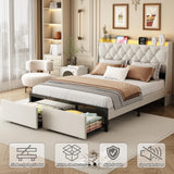 Queen Bed Frame with Storage Headboard and 2 Drawers, Upholstered Button Tufted Platform Bed Frame Queen Size with LED Lights, Charging Station, No Box Spring Needed, Noise Free, Easy Assembly, Beige TIGUBFRE