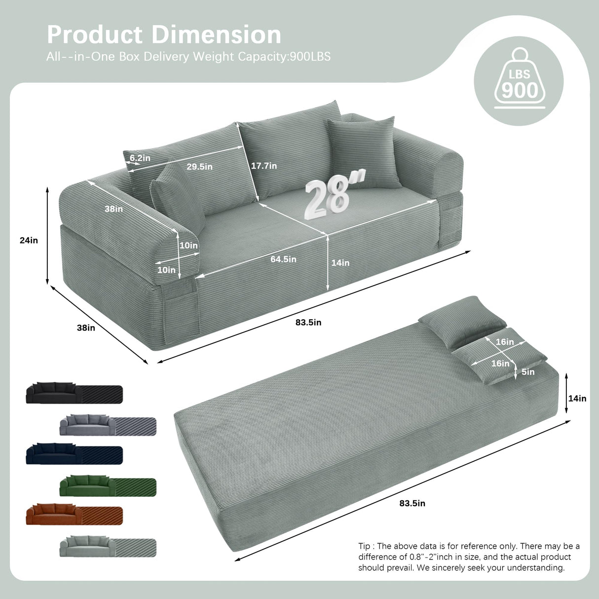 83" Modern Sofa in a Box, No Assembly Oversized 3 Seater 28" Deep Seat Cloud Sofa Bed Couch with 4 Furry Pillows & Corduroy Fabric, Boneless Couch with Side Storage Pockets for Living Room, Light grey Zyerch