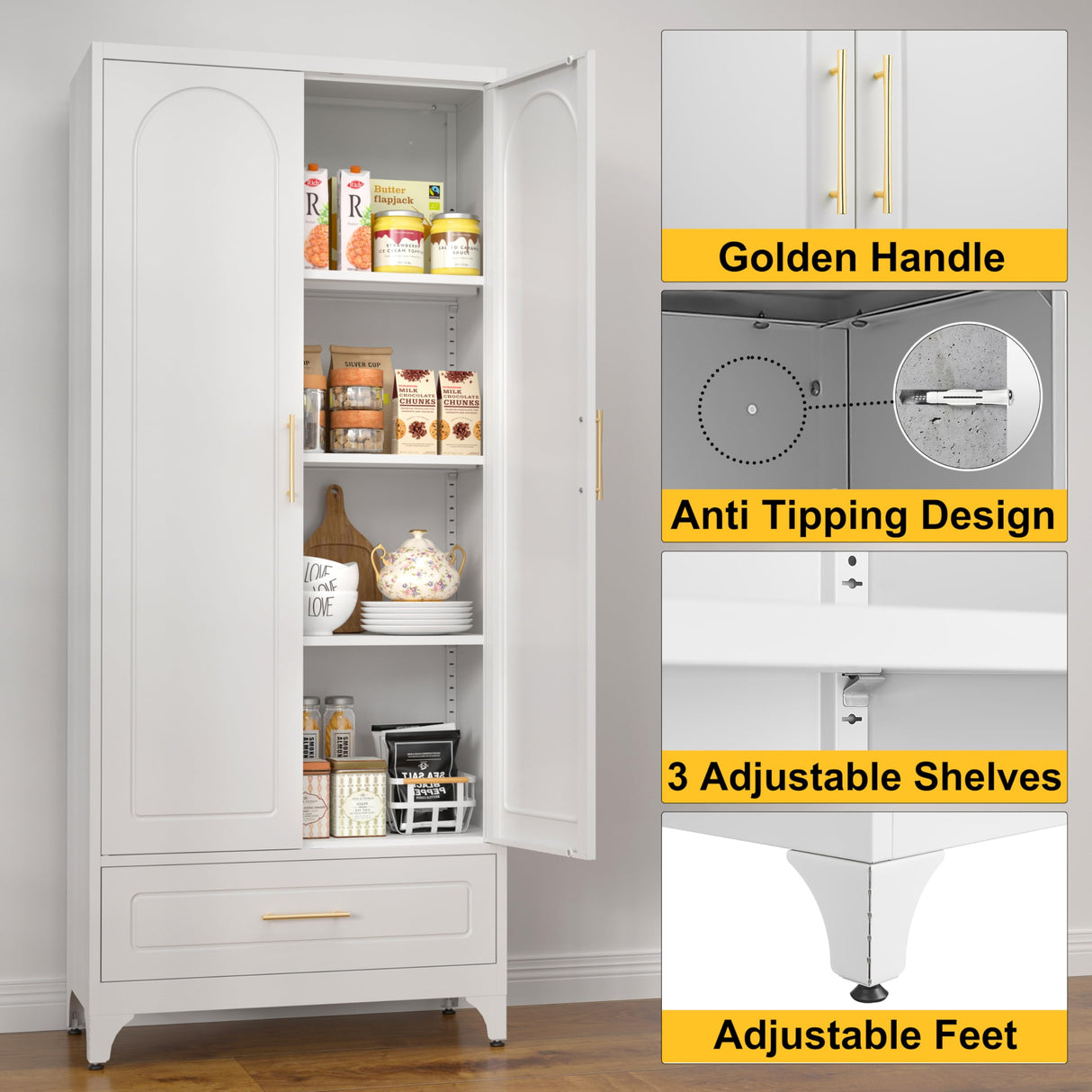 Metal Storage Cabinet with Drawers,75Inch White Pantry Cabinets for Kitchen Storage with 3 Adjustable Shelves,Tall Kitchen Pantry Cabinet for Living Room, Dining Room Office SteeLoong