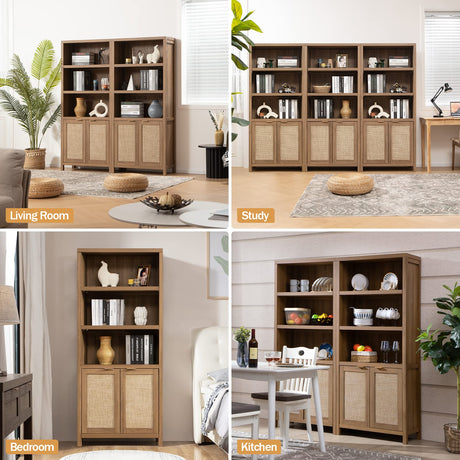 SICOTAS 5-Tier Boho Rattan Bookcase with Doors - Farmhouse Large Bookshelf in Reclaimed Caramel Oak SICOTAS
