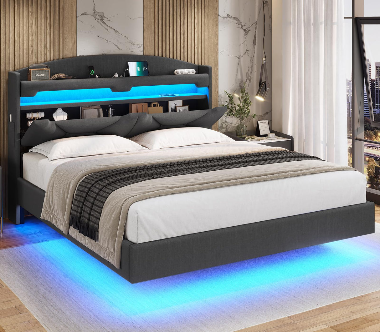ADORNEVE Full Size Floating Bed Frame with RGB LED Lights and Charging Station, Upholstered Platform Bed Frame with Storage Shelf Headboard, Solid Wood Slats, Noise Free, Easy Assembly, Dark Grey ADORNEVE