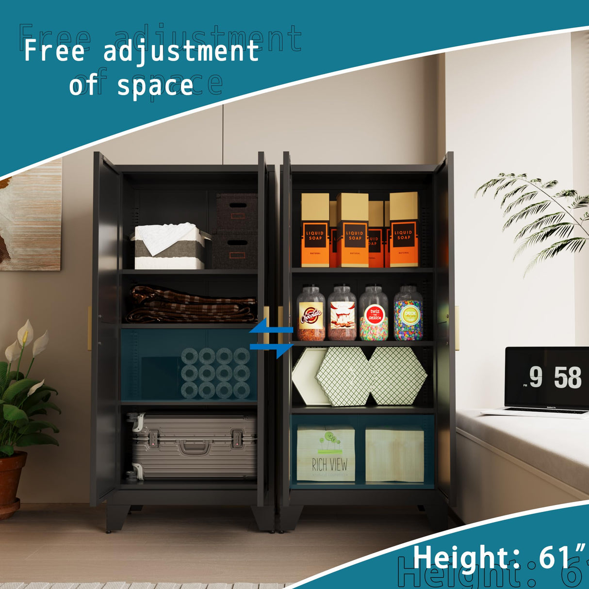 61" Tall Farmhouse Metal Pantry Cabinet, Kitchen Pantry Storage Cabinets with 2 Barn Door and Adjustable Shelves,Metal Pantry Storage Cabinet,for Kitchen,Laundry Room,Home Office,Kids Room (Black) Washsemba