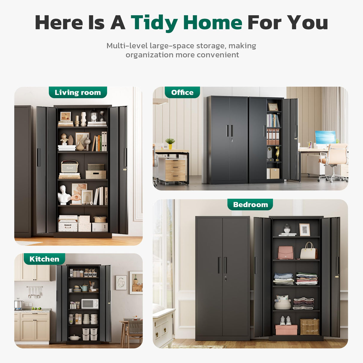 Greenvelly Metal Pantry Cabinet, 63”Tall Black Kitchen Pantry Storage Cabinets with 2 Lock Doors and 4 Adjustable Shelves for Home Office, Dinning Room,Garage Greenvelly