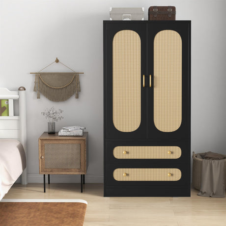 MJADUE Wood Wardrobe Closet with 2 Doors and Drawers, Wooden Closet Storage Cabinet with Gold Handles for Clothes, Rattan Freestanding Wardrobe Cabinet for Bedroom/Apartment,Black MJADUE