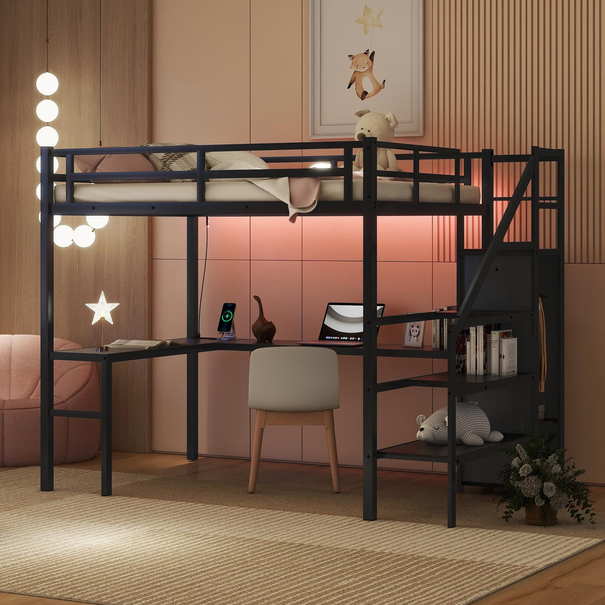 GM Ultra Loft Bed with Desk Underneath, Full XL Size Loft Bed with Stairs and Storage, Metal Loft Bed with Wardrobe and Adjustable Shelf, LED Light & USB Charging Station for Kids Teens Adults, Black GM Ultra