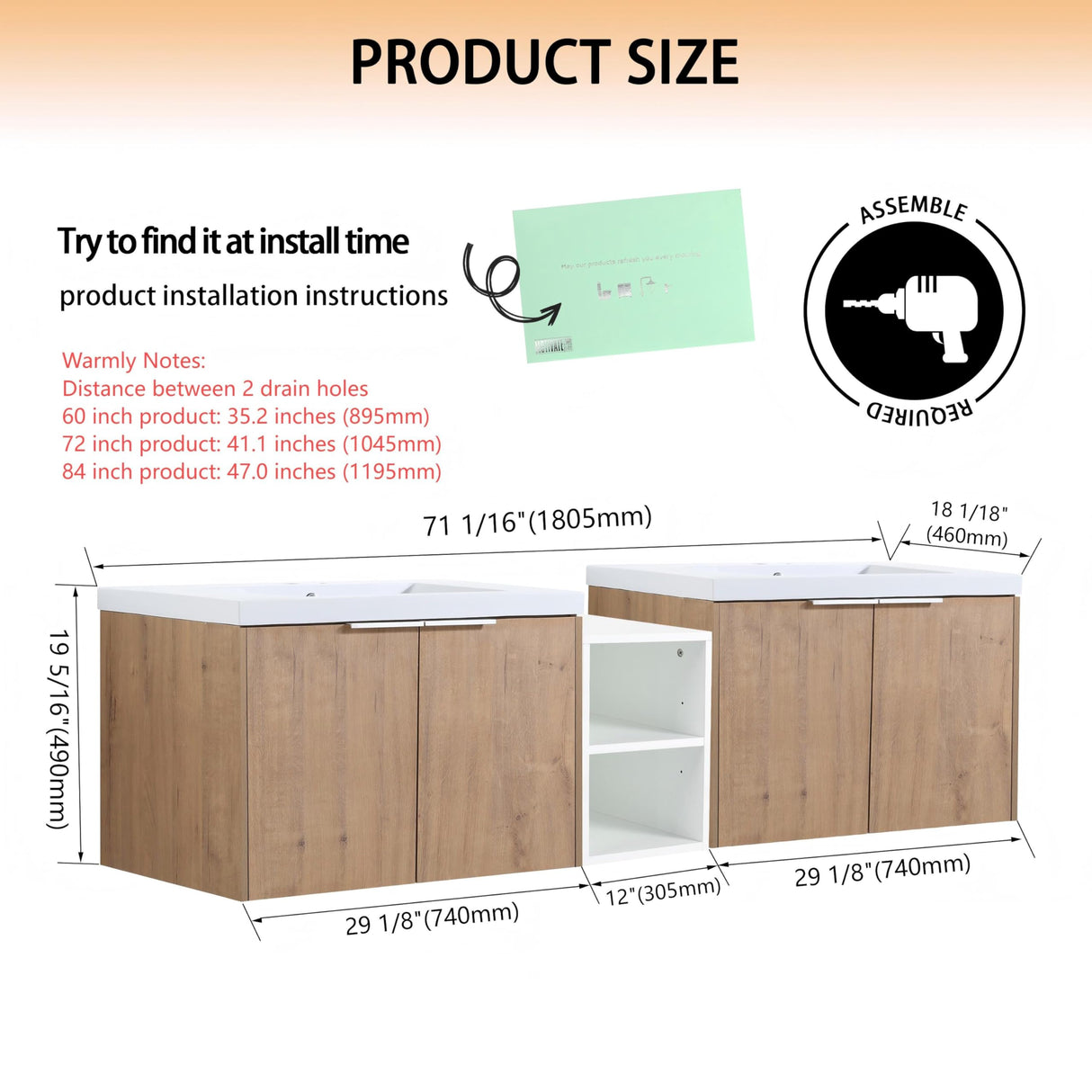 72" Bathroom Vanity with Sink, 72 Inch Floating Vanity, Double Sink Wall Mounted Vanity Combo, Modern Brown Bathroom Vanity Set with 4 Doors and White Basin Sink Mocoastn