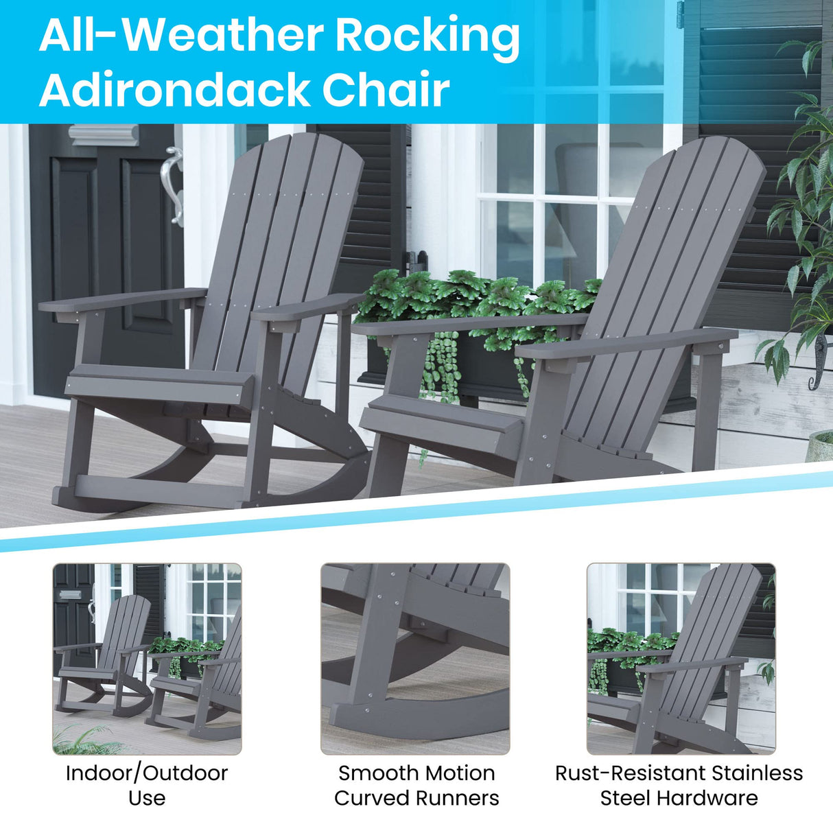 Flash Furniture Savannah All Weather Adirondack Rocking Chairs, Polyresin Wood Adirondack Chair with 350-lb. Static Weight Capacity, Set of 2, Gray Flash Furniture