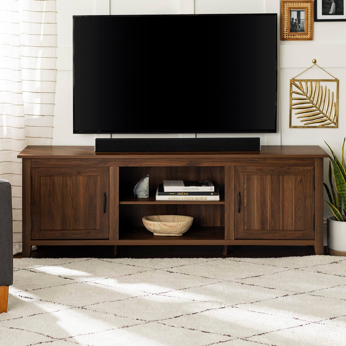 Walker Edison Ashbury Coastal Style Grooved Door TV Stand for TVs up to 80 Inches, 70 Inch, Dark Walnut - WoodArtSupply