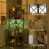 JKsmart Corner Bar Cabinet with LED Lights, 5-Tier Industrial Wine Bar Cabinet with Glass Holder, Farmhouse Liquor Cabinet with Adjustable Shelf, Home Bar for Coffee Bar Cabinet, Rustic Brown JKsmart