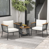 Tangkula 3 Piece Patio Furniture Set, Rattan Chair Set w/ 2-Tier Coffee Table, Acacia Wood Armrests & Tabletop, Soft Seat & Back Cushions, Outdoor Wicker Conversation Set (Off White+Grey) Tangkula