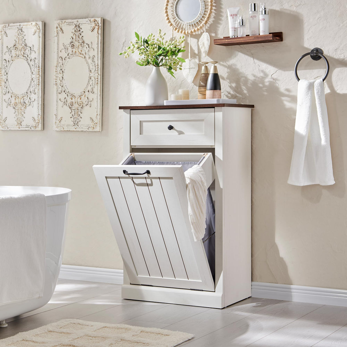 IFGET Tilt Out Trash Can Cabinet, Hidden Wooden Trash Can Cabinet, Farmhouse Laundry Hamper Cabinet, Trash Garbage Can Bin Cabinet with Storage Basket for Kitchen, Living Room (Antique White) IFGET