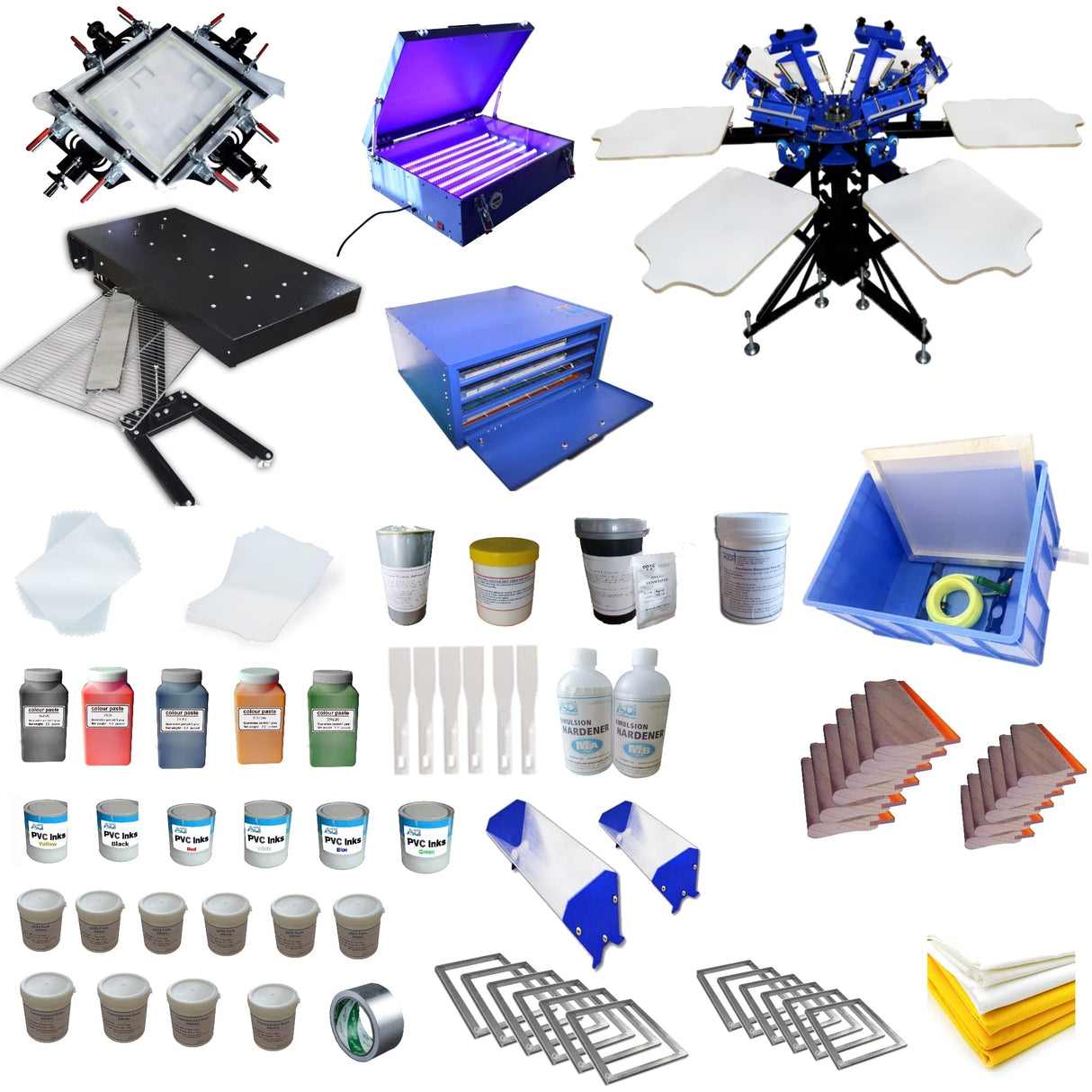 Screen Printing Kit 6 Color Full Set 6 Color 6 Station Screen Printing Machine Screen & Platen Rotating Screen Printing Press Screen Printing Kit