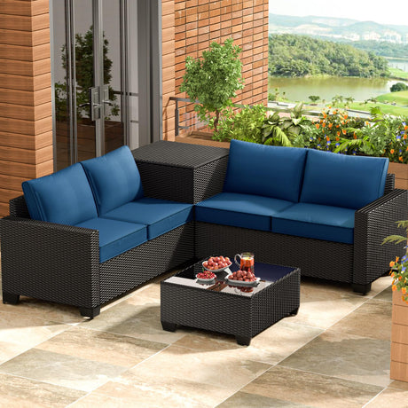 opemtdo Premium Outdoor Patio Furniture Set with Storage, L Shaped Outdoor Couch with Thick Cushions, 4 Seat Balcony Furniture Set with Tea Table opemtdo