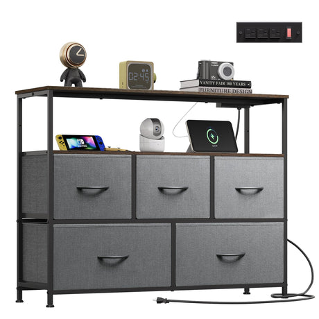 WLIVE 5 Drawer Dresser TV Stand for 45 Inch TV, Entertainment Center with Open Shelf and Power Outlet, Chest of Drawers for Bedroom, Living Room, Closet, Dark Grey WLIVE
